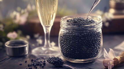 Black Caviar and Champagne on Elegant Table Setting