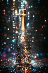 Glittering Mosaic Champagne Bottle with Bokeh Lights