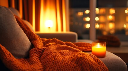 A cozy living room scene featuring a warm blanket and a candle, creating a relaxing atmosphere.