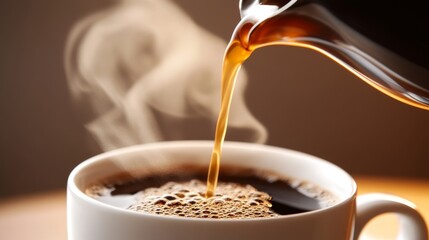 Close-up of a coffeemaker elegantly pouring rich, steaming coffee into a pristine white cup, capturing the warmth and comfort of a perfect morning brew.