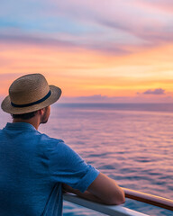 Fototapeta premium A person gazes at a colorful sunset over the ocean from a cruise ship.