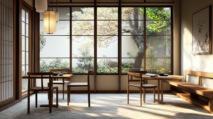 Empty seating near a window in a stylish tea restaurant, with natural light highlighting the wooden furniture and clean design.