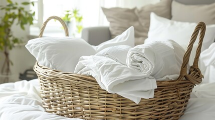 Fototapeta premium A woven basket filled with white pillows and bedding, placed on a bed in a bright, cozy room.