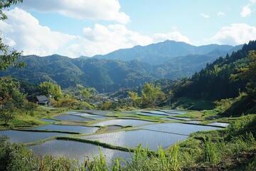 Mountainous rice paddies, idyllic landscape.