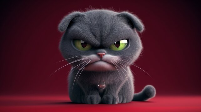 A 3D-rendered, gray-furred cat with piercing green eyes and a grumpy expression, set against a deep red background. The stylized design creates a mix of humor and intensity, perfect for animations or
