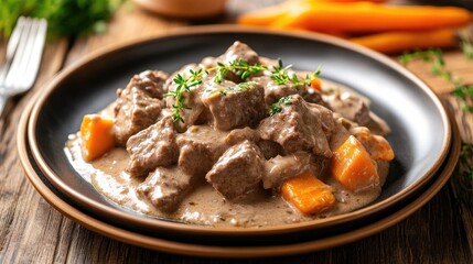 Beef stroganoff with tender beef chunks and carrots served in a rich creamy sauce, garnished with fresh thyme on a rustic wooden table.