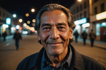 Obraz premium Close portrait of a smiling senior Bolivian man looking at the camera, Bolivian city outdoors at night blurred background
