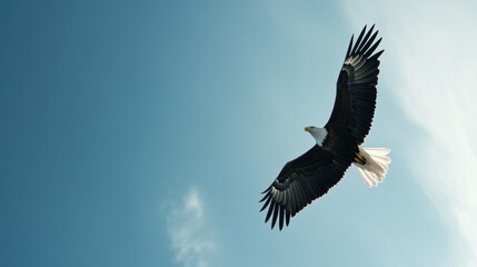 Obraz premium An eagle soars high in the sky, its wings spread wide as it flies with an American flag in the background, symbolizing freedom, strength, and patriotism.