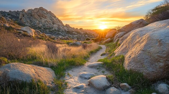 Golden sunset over a mountain with a rocky trail winding up the slope, framed by grass and boulders. The warm light creates a tranquil, inviting landscape.