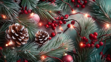 Enchanting Christmas branches, pine needle textures, frosted tips, twinkling lights intertwined, pinecones and berries, festive flat lay composition, organic curves, top-down perspective