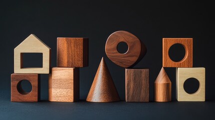 Geometric wooden blocks in various shapes arranged artistically on a dark backdrop, symbolizing creativity and problem-solving skills.