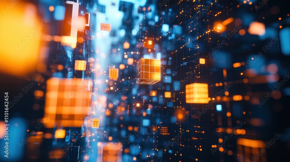 Poster abstract digital landscape with glowing cubes and particles representing technology and data flow.
