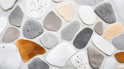 Close-up view of a textured mosaic wall with variously shaped and colored stones embedded in white grout.