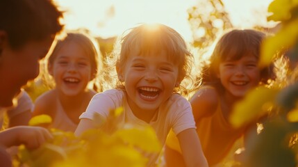 A group of joyful children laughing and playing outdoors, capturing the pure happiness and carefree nature of childhood in a colorful, sunlit scene.
