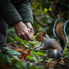 Feeding squirrels in a lush forest nature photography peaceful setting close-up capture wildlife interaction