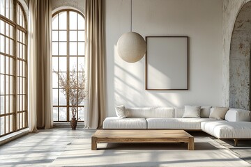 Minimalist, japandi interior of living room with sofa and table. Generative AI
