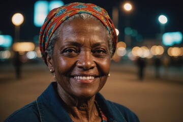 Obraz premium Close portrait of a smiling senior Botswanan woman looking at the camera, Botswanan city outdoors at night blurred background
