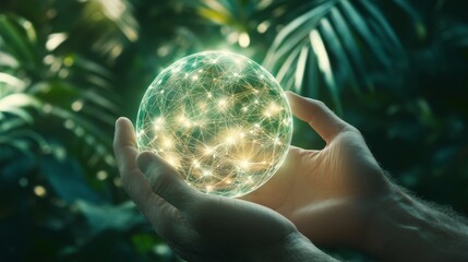 A manâ€™s hands gently cradle a glowing globe with intricate network connections, symbolizing global data and customer relationships, all set against a lush, natural background.