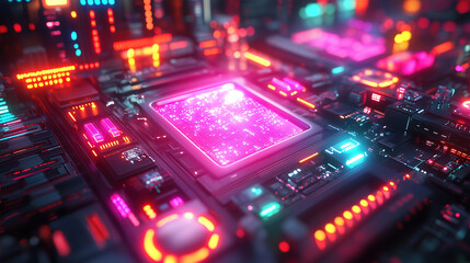 Obraz premium Colorful circuit board with glowing components highlights technology and innovation in modern electronics. Generative AI