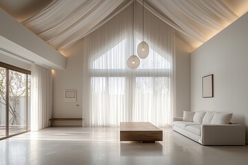 Minimalist, modern Scandinavian interiors in living rooms with windows and curtains visible and sofas. Generative AI
