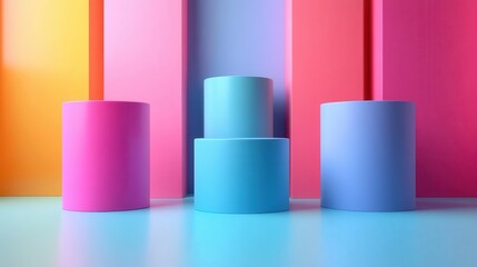 A vibrant display of cylindrical shapes in pink, blue, and purple against a colorful backdrop, creating a playful and modern aesthetic.