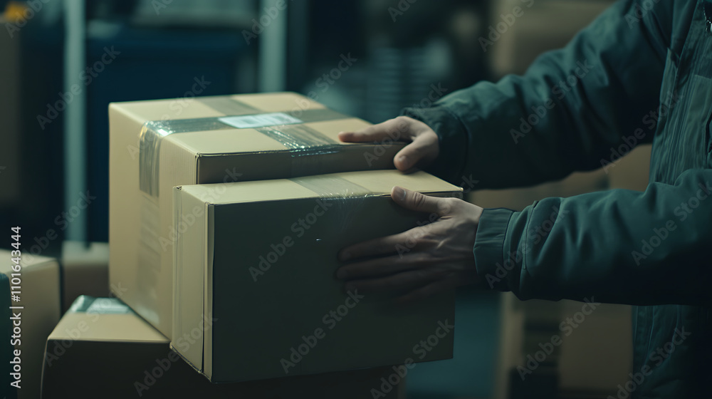 Poster a person handling cardboard boxes in a storage environment.