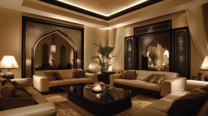 Luxurious modern Arabian living room with a blend of traditional motifs, gold detailing, and sleek, minimalist furniture