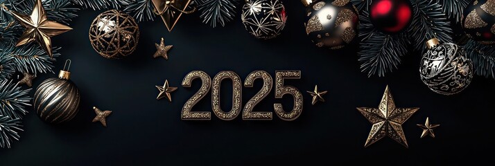 Luxurious Christmas design showcasing a dark black canvas with ornate gold stars and baubles. "2025" in bold