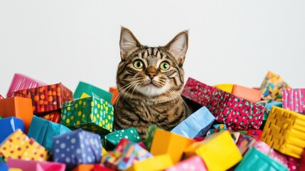 Domestic cat playfully nestled among vibrant, patterned gift packages on a clean white background, showcasing a festive and cheerful atmosphere.