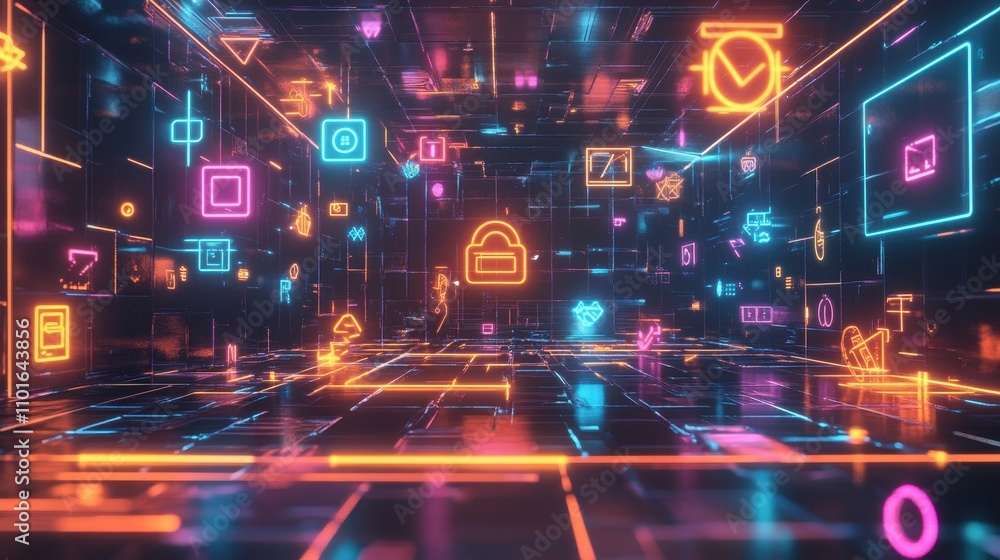 Poster a futuristic digital space filled with glowing icons representing technology and security.