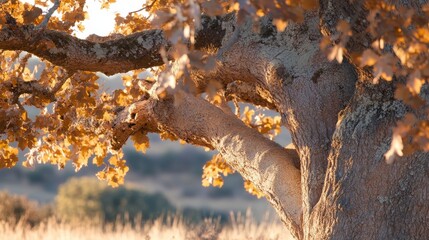 Fototapeta premium A majestic old oak tree bathed in the soft, golden morning light, its leaves gently rustling, creating a serene and timeless natural scene.