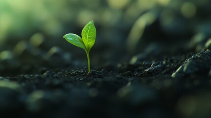 Nurturing new life, tender green sprout emerging, rich dark soil, earthy textures, sustainable agriculture concept, hope and growth symbolism, macro detail, soft natural lighting