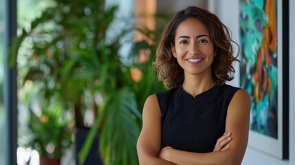 Naklejka premium Portrait of beautiful successful hispanic young business woman with crossed arms smiling confident at camera. Latin or eastern middle age female ceo leader businesswoman standing in office. Copy space