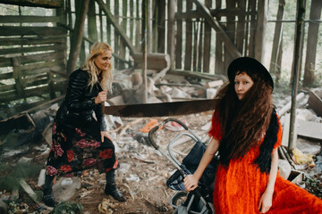 Two Women Collaborate Using Saw in Rustic Barn Scene