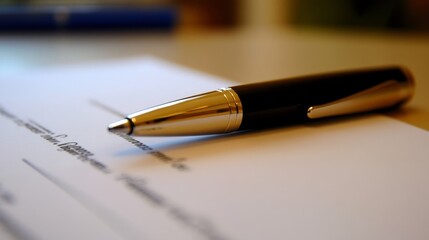 A pen lies strategically placed on a contract or application form, captured from a wide-angle view, emphasizing the significance of the moment and the commitment to important decisions.