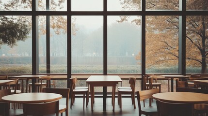 Obraz premium Minimalist tea restaurant interior featuring empty tables and chairs by a large glass window overlooking a serene outdoor view