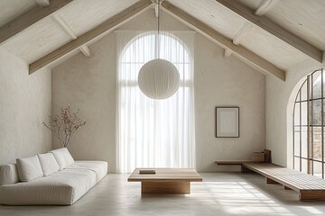 Minimalist, contemporary Scandinavian interiors in the living room with curtains windows and sofas. Generative AI
