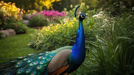 Obraz premium Majestic Peacock Amidst Vibrant Garden Blooms