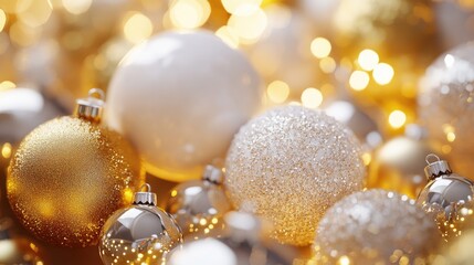 Shiny gold and white Christmas ornaments with glittering textures and vibrant colors, perfect for festive holiday decorations and celebrations.