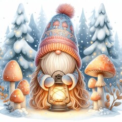 Cute Winter Gnome Holding Lantern Snow Forest Mushrooms Holiday Illustration