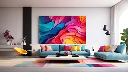 A huge flat-screen TV and a vibrant image are features of this modern room design.contemporary space.