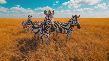 Fototapeta premium Three zebras standing in golden savanna grassland under bright blue sky. African wildlife scene with herd in natural habitat. Dramatic landscape with white puffy clouds. 8k