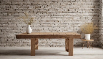 Rustic Exposed Brick Wall with Worn Farmhouse Table, Minimalist Product Photography Backdrop, Perfect for Vintage, Country-Style, or Industrial-Themed Settings, High-Quality Image