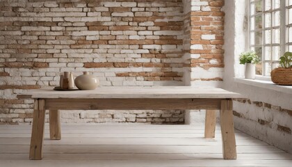 Rustic Exposed Brick Wall Backdrop with Worn Farmhouse Table - Perfect Minimalist Setting for Photography, Product Showcases, and Vintage Decor Aesthetic with Timeless Charm