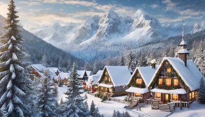A magical glimpse of Santaâ€™s village nestled behind snowy mountains, surrounded by festive Christmas trees, shimmering snow, and an enchanting holiday atmosphere in a stunning digital art