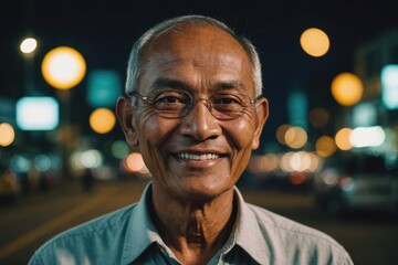 Obraz premium Close portrait of a smiling senior Burmese man looking at the camera, Burmese city outdoors at night blurred background