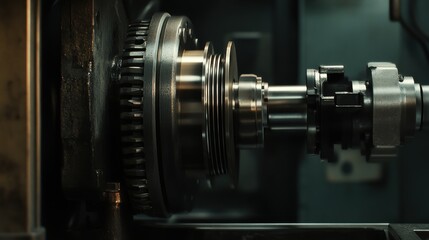 Fototapeta premium Industrial lathe holding an electric motor rotor, with tooling precisely shaping the metal surface. The spinning rotor and cutting tools showcase the skill and precision required in motor repair.