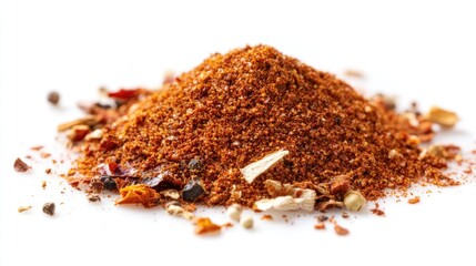BBQ spice blend in a vibrant mound with a variety of spices scattered around on a pristine white background