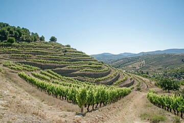 Terraced hillside vineyard, sunny day.