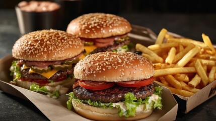 Delectable burgers with sesame seed buns, fresh lettuce, tomatoes, and crispy golden fries served on a rustic table.
